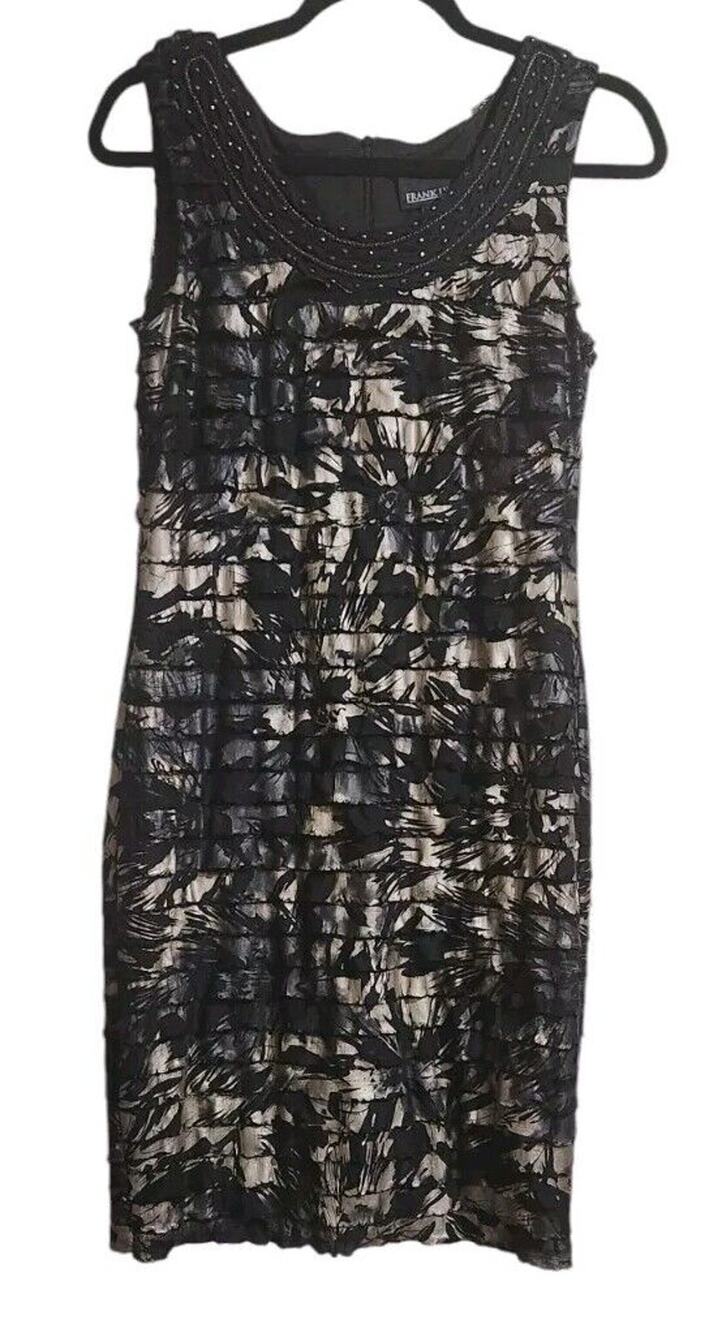 Frank Lyman Womens Sheath Dress Black Cream Floral Print Beaded Event Party Sz 8